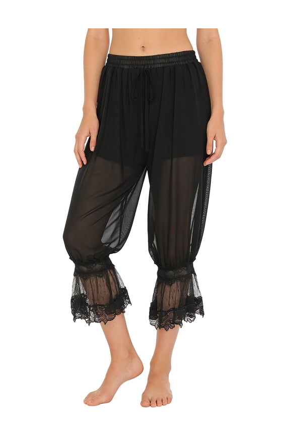 Long Bloomers With Built In Shorts For Women Sheer Mesh Floral Lace Leggings Style Black L