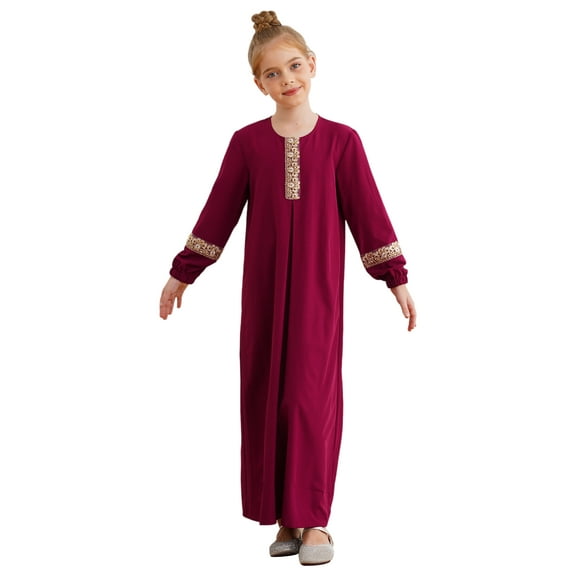 TSSOE Long Sleeve Muslim Abaya for Girls Liturgical Worship Costume Ramadan Prayer Robe Praise Dress Kaftan Maxi Gown Burgundy 16