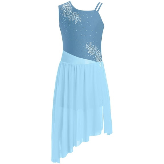 TSSOE Lyrical Ballet Dance Dress for Girls Skating Performance Leotard Mesh Skirt Ballerina Dancewear Light Blue 14