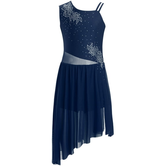 TSSOE Lyrical Ballet Dance Dress for Girls Skating Performance Leotard Mesh Skirt Ballerina Dancewear Navy Blue 16