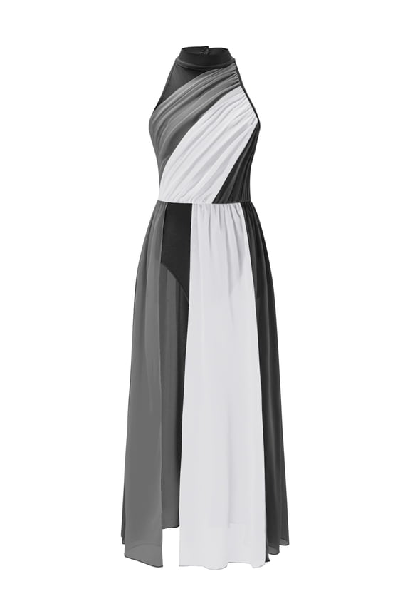 Lyrical Dance Dress for Girls Ballet Dress Leotard Chiffon Color Block Modern Jazz Contemporary Dance Costume Black 14