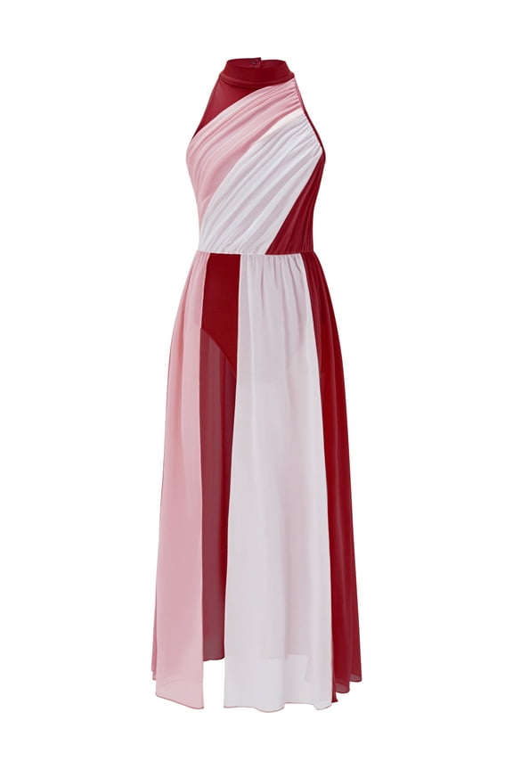 Lyrical Dance Dress for Girls Ballet Dress Leotard Chiffon Color Block Modern Jazz Contemporary Dance Costume Burgundy 6