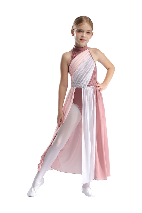 Lyrical Dance Dress for Girls Ballet Dress Leotard Chiffon Color Block Modern Jazz Contemporary Dance Costume Dusty Pink 16