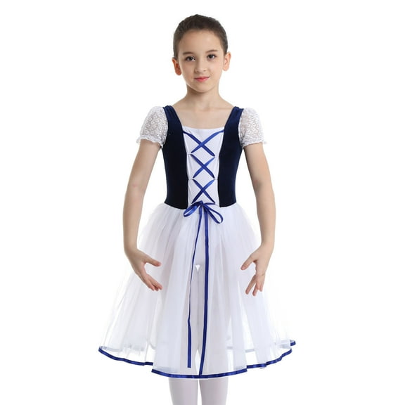 TSSOE Lyrical Dance Dress for Girls Floral Lace Velvet Ballet Leoatrd Tutu Skirts Ballerina Stage Costume Navy Blue 5-6
