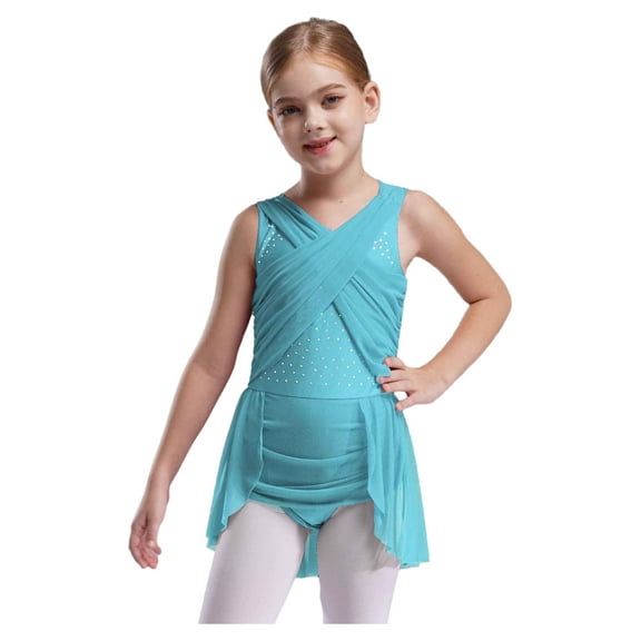 TSSOE Lyrical Dance Dress for Girls Latin Jazz Ballet Dance Leotard Dress Skating Ballroom Dancewear Blue Green 16