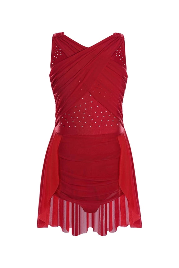 Lyrical Dance Dress for Girls Latin Jazz Ballet Dance Leotard Dress Skating Ballroom Dancewear Burgundy 8
