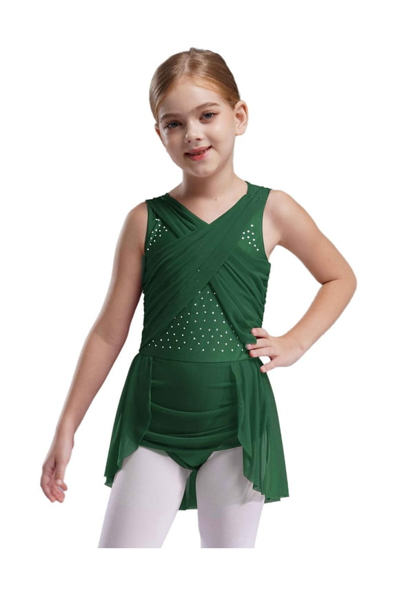 Lyrical Dance Dress for Girls Latin Jazz Ballet Dance Leotard Dress Skating Ballroom Dancewear Green 12