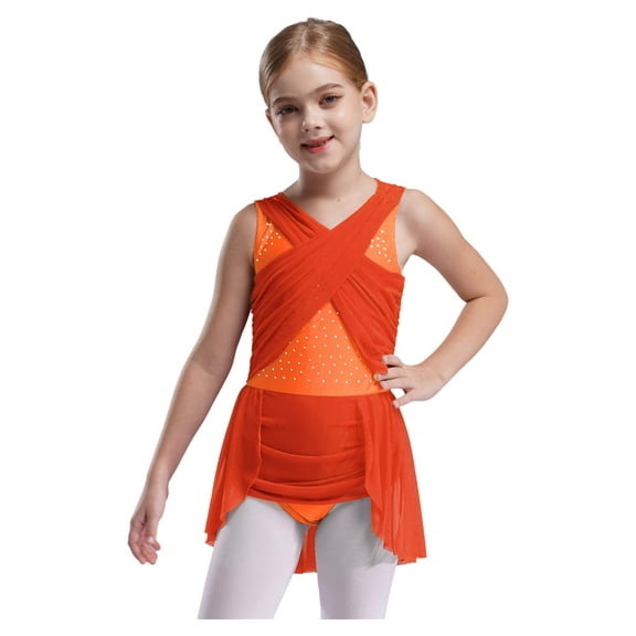 TSSOE Lyrical Dance Dress for Girls Latin Jazz Ballet Dance Leotard Dress Skating Ballroom Dancewear Orange 6