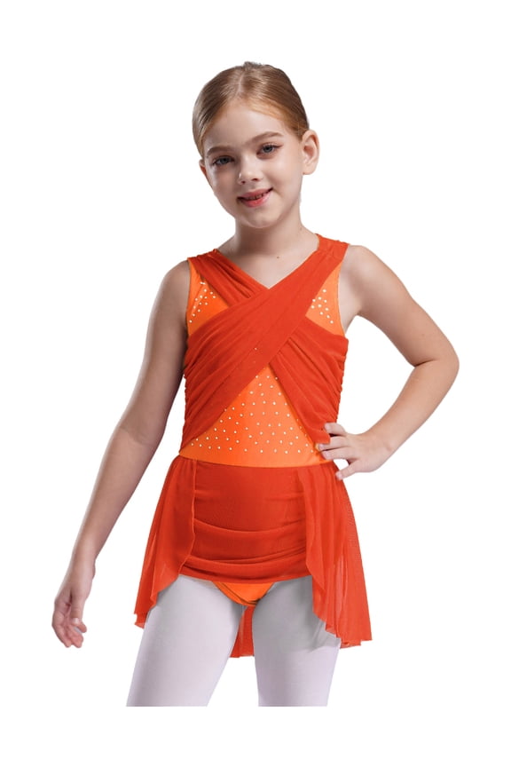 Lyrical Dance Dress for Girls Latin Jazz Ballet Dance Leotard Dress Skating Ballroom Dancewear Orange 6