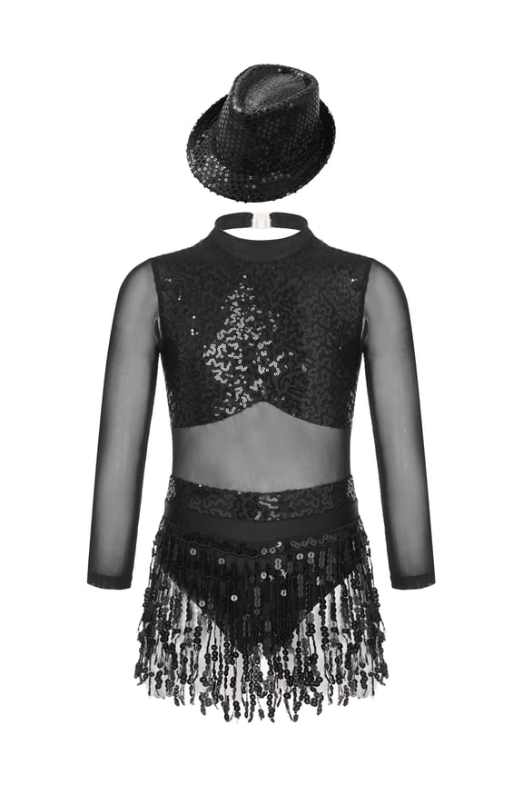 Lyrical Dance Dress for Girls Sequins Latin Dance Leotard with Hat Jazz Dance Competition Costumes Black 16