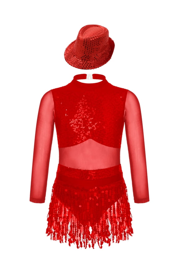 Lyrical Dance Dress for Girls Sequins Latin Dance Leotard with Hat Jazz Dance Competition Costumes Red 6
