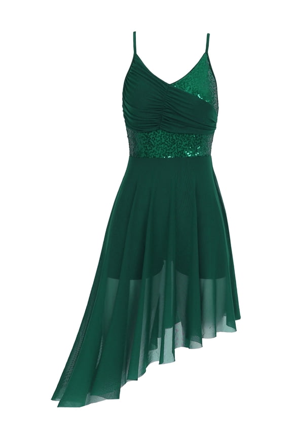 Lyrical Women Adult Sequins Dance Dress Ballet Leotard Flowy Asymmetrical Dress Dancewear Green XL