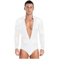 thumbnail image 1 of TSSOE Men Latin Dance Shirt Leotard Deep V Neck Sheer Mesh Jumpsuit Salsa Samba Cha Cha Tango Dance Top White M, 1 of 7