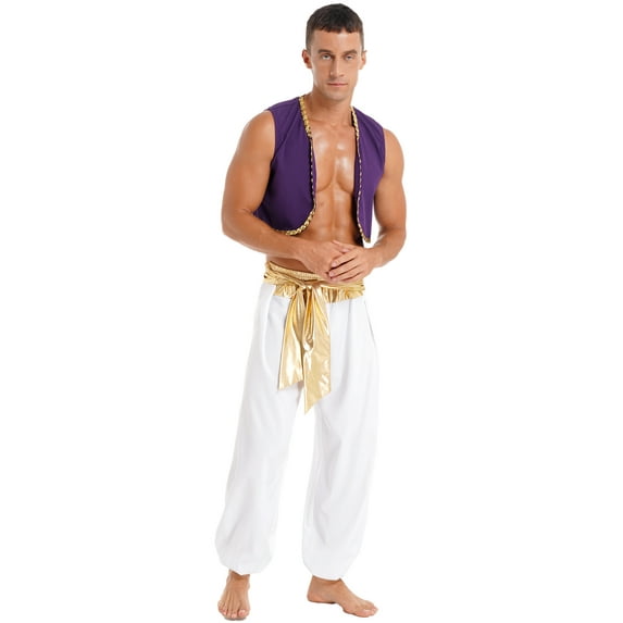 TSSOE Men's Arabian Prince Outfit Golden Vest with Harem Pant Sets for Stage Performance Gold 3XL