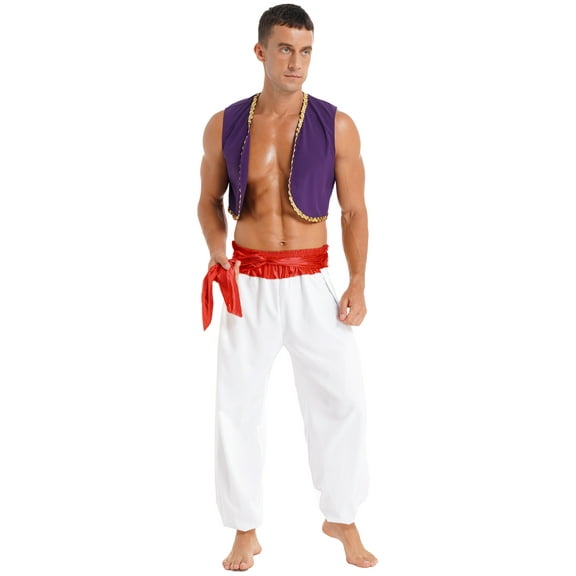 TSSOE Men's Arabian Prince Outfit Golden Vest with Harem Pant Sets for Stage Performance Red M