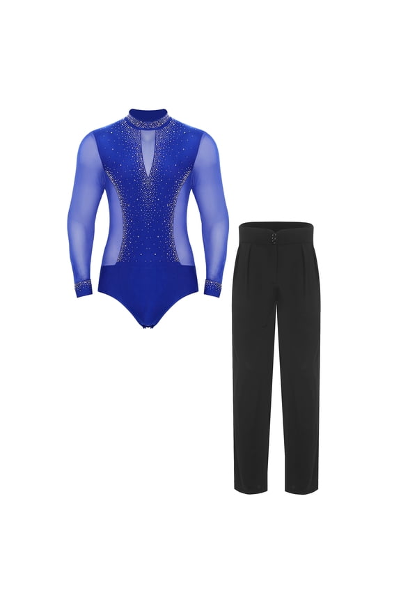 Men's Latin Dance Outfits Long Sleeve Mesh Leotard with High Waist Pants Salsa Samba Clothes Blue L