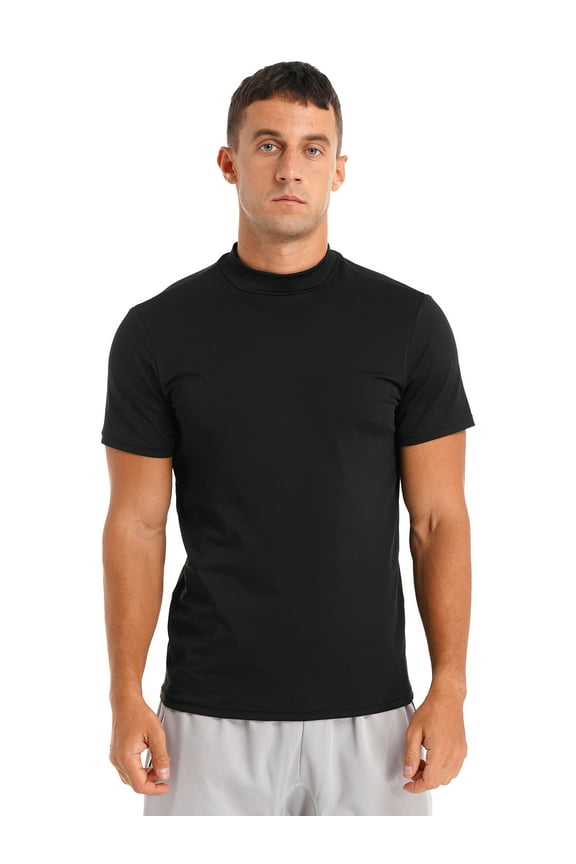 Men's Mock Neck Short Sleeve Turtleneck Shirt Slim Fit T-shirt Pullover Undershirt Tops Black L