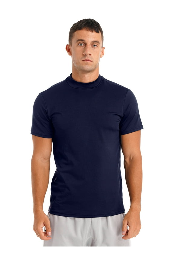 Men's Mock Neck Short Sleeve Turtleneck Shirt Slim Fit T-shirt Pullover Undershirt Tops Navy Blue M