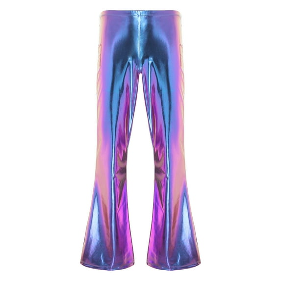 TSSOE Men's PVC Leather Long Pants 70s Disco Trousers Flared Bell Bottoms Vintage Leggings Tights Colorful XL