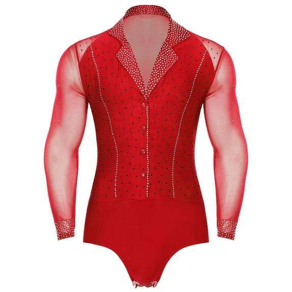 TSSOE Men's Rhinestones Latin Dance Shirt Ballroom Leotard V Neck Modern Dance Shirts Bodysuit Tops Red XL