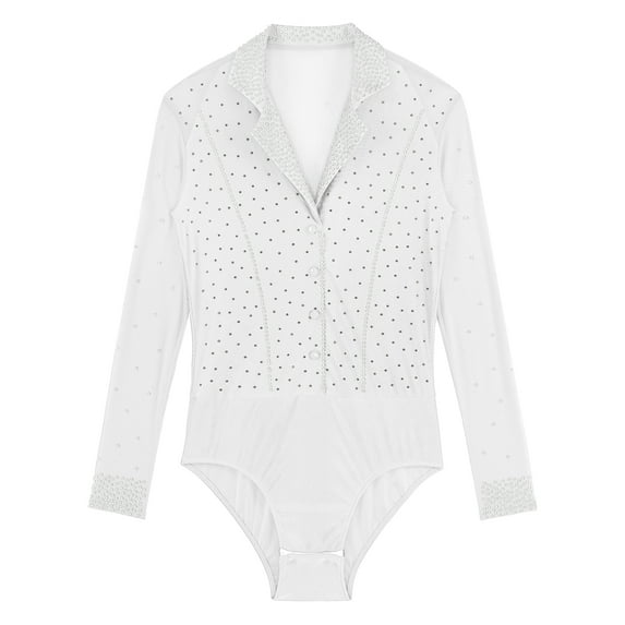 TSSOE Men's Rhinestones Latin Dance Shirt Ballroom Leotard V Neck Modern Dance Shirts Bodysuit Tops White XL