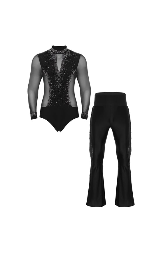 Men's Sparkly Latin Jazz Dance Leotard with High Waist Fringe Flared Pants Ballet Gymnastics Black L
