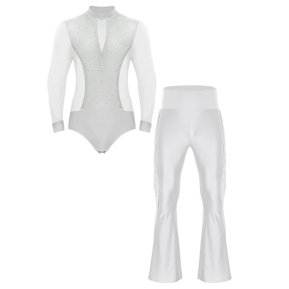 TSSOE Men's Sparkly Latin Jazz Dance Leotard with High Waist Fringe Flared Pants Ballet Gymnastics White XL