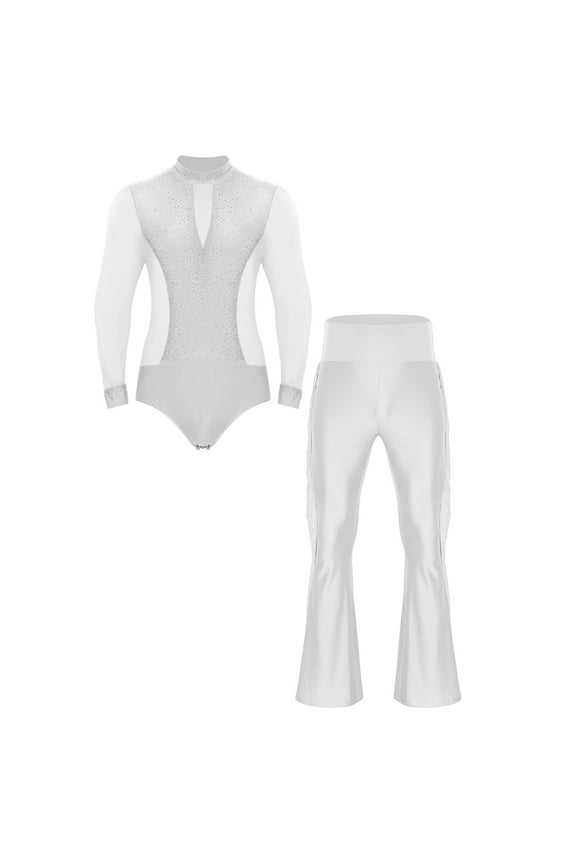Men's Sparkly Latin Jazz Dance Leotard with High Waist Fringe Flared Pants Ballet Gymnastics White XL