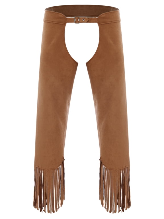 Men's Western Cowboy Long Pants Vintage Tassel Buckles Overpants Festival theme Party Clothes Brown M
