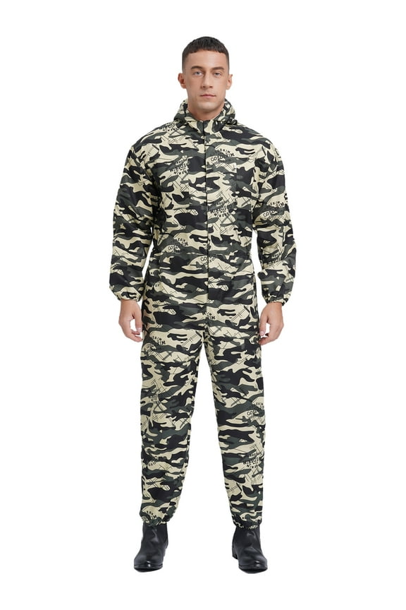 Mens Dustproof Hooded Coverall Jumpsuit Long Sleeve Zipper Pockets Overalls Dungarees Workshop Uniform Camouflage M/165