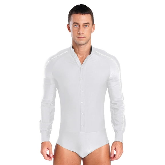 TSSOE Mens One-Piece Latin Tango Dance Shirt Leotard Shiny Unitard Bodysuit Ballroom Dancewear White XXL