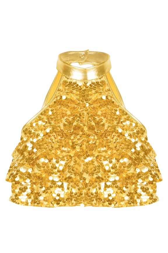 Sequin Crop Top for Girls Metallic Sparkle Sleeveless Halter Neck Dance Top Hip Hop Performance Costume Gold 12