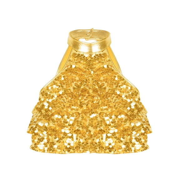 TSSOE Sequin Crop Top for Girls Metallic Sparkle Sleeveless Halter Neck Dance Top Hip Hop Performance Costume Gold 4