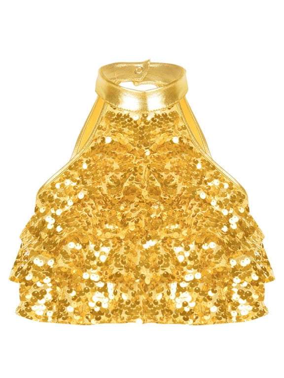 Sequin Crop Top for Girls Metallic Sparkle Sleeveless Halter Neck Dance Top Hip Hop Performance Costume Gold 8