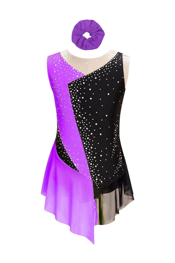 Kids Girls Figure Ice Skating Gymnastics Ballroom Dancing Outfit Sleeveless Leotard Dress with Hair Band Purple 8