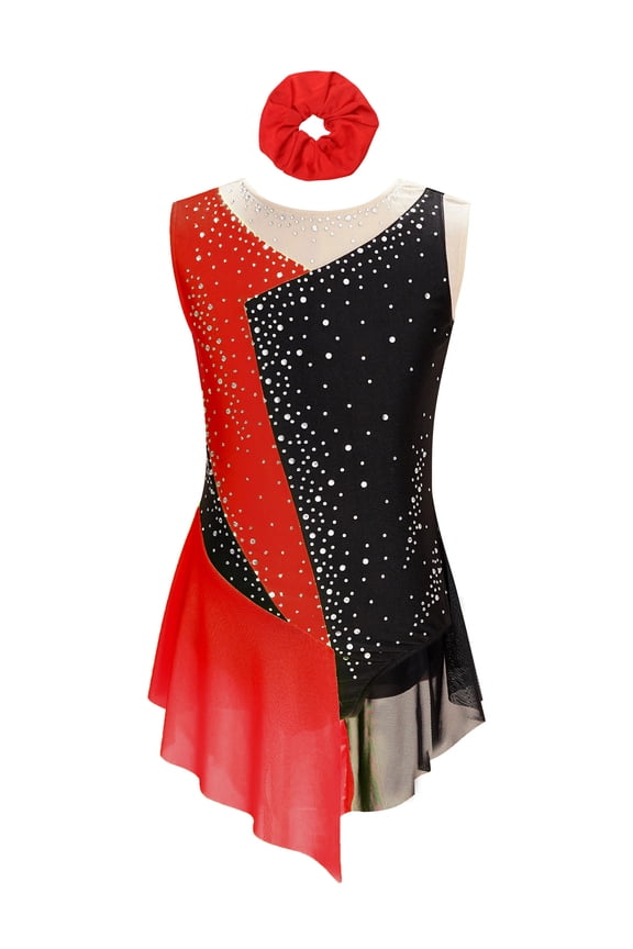 Kids Girls Figure Ice Skating Gymnastics Ballroom Dancing Outfit Sleeveless Leotard Dress with Hair Band Red 16