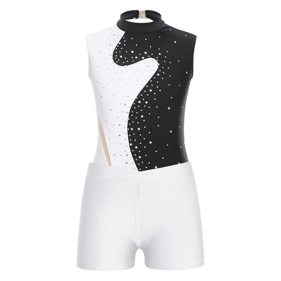 TSSOE Sleeveless Gymnastics Leotards for Girls Sparkly Dance Biketards Unitard with Shorts Practice Outfits Black&White 6