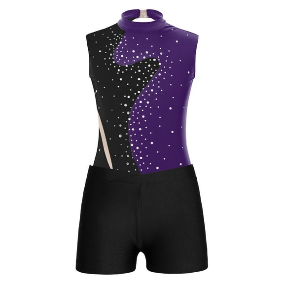 TSSOE Sleeveless Gymnastics Leotards for Girls Sparkly Dance Biketards Unitard with Shorts Practice Outfits Purple&Black 6