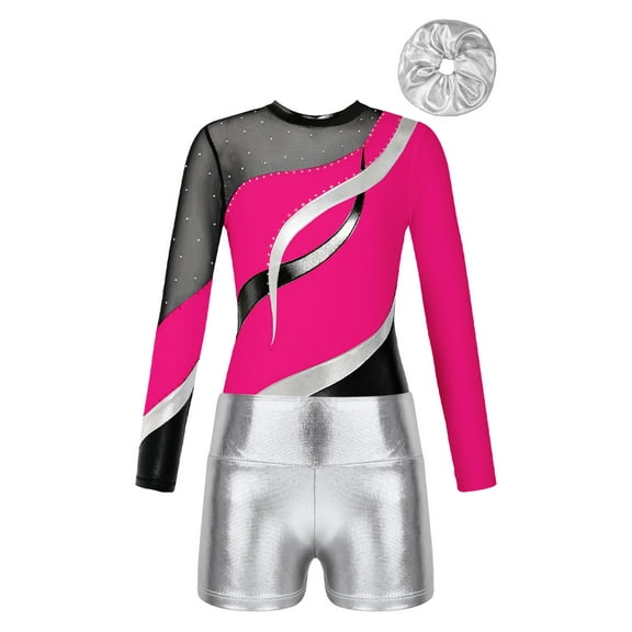 TSSOE Sparkle Leotards for Girls Long Sleeve Gymnastics with Shorts Tumbling Dance Unitards Biketards Dancewear Hot Pink 8