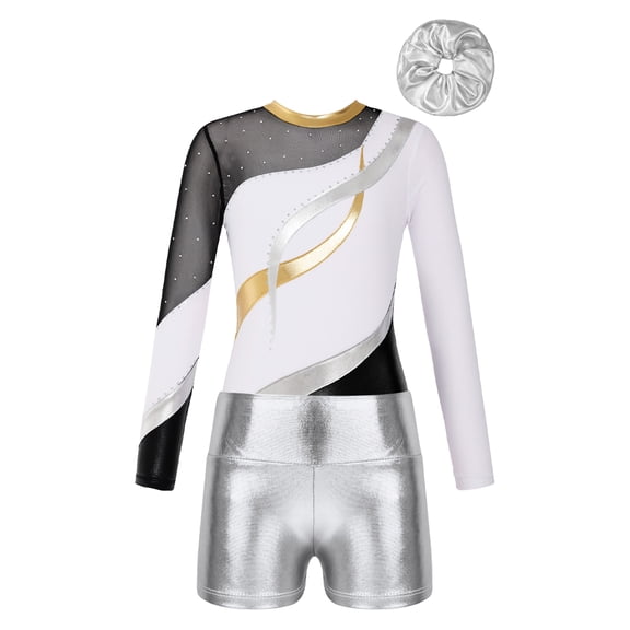 TSSOE Sparkle Leotards for Girls Long Sleeve Gymnastics with Shorts Tumbling Dance Unitards Biketards Dancewear White 14