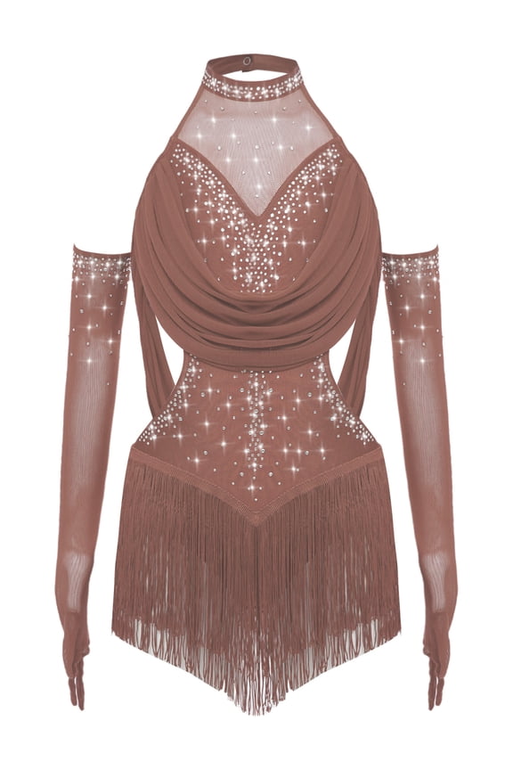 Sparkly Rhinestones Mesh Latin Dance Bodysuit for Girls Cutout Fringed Samba Salsa Jazz Leotard with Gloves Dusty Pink 14