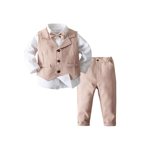 TSSOE Toddler Baby Boys Gentleman Outfit Suit Long Sleeve Formal Shirt + Bow Tie + Tuxedo Vest + Pink 80
