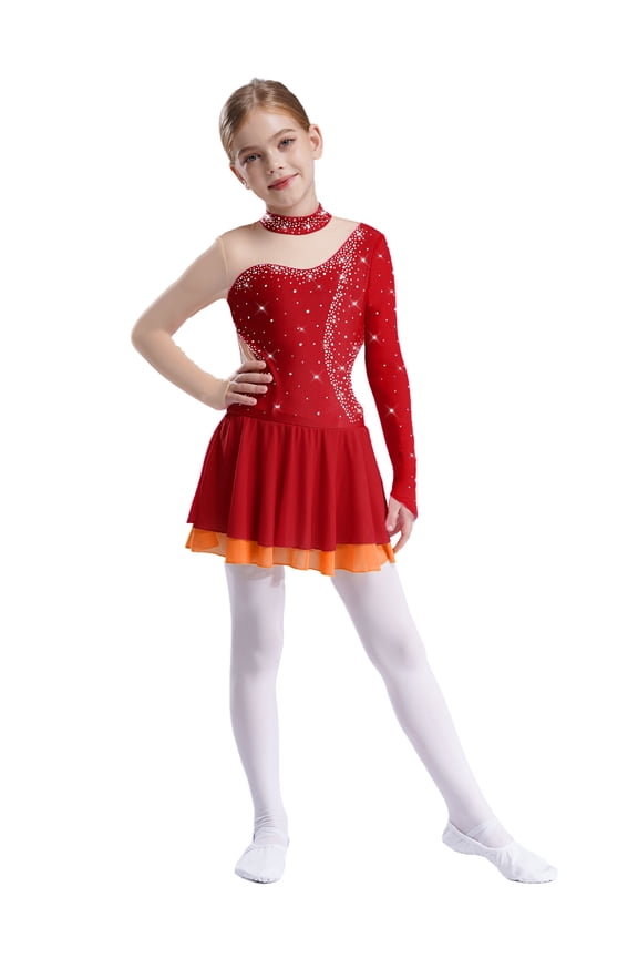Toddler Girls Ballet Dance Gymnastics Skirted Leotard Competition Clothes Modern Figure Ice Skating Dress Burgundy 16