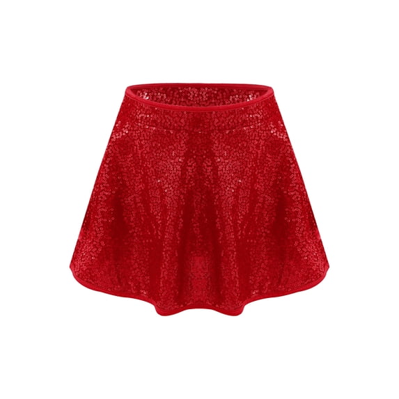 TSSOE Toddler Girls Sparkly Latin Jazz Dance Skirt with Built-in Briefs Elastic Waist Shiny Sequin Dancewear Red 14