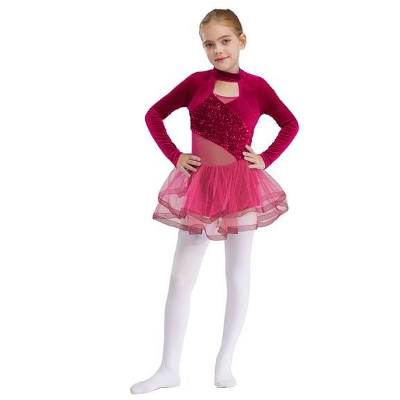 TSSOE Toddler Girls Sparkly Tutu Skirted Leotard Ballet Dance Dress Figure Skating Competition Hot Pink 14