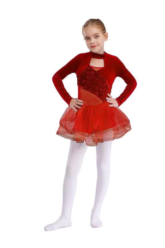 Toddler Girls Sparkly Tutu Skirted Leotard Ballet Dance Dress Figure Skating Competition Red 14