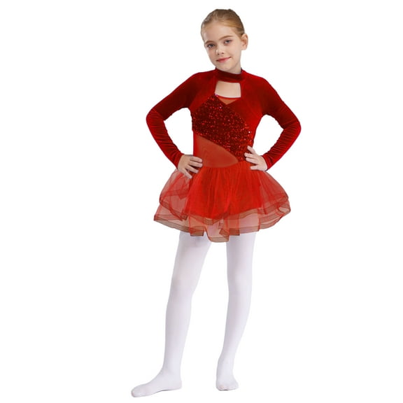 TSSOE Toddler Girls Sparkly Tutu Skirted Leotard Ballet Dance Dress Figure Skating Competition Red 14