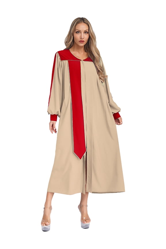Unisex Women Men Clergy Robe V-neck Color Block Split Zipper Front Choir Robe Pulpit Gown For Church Khaki XS