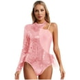thumbnail image 1 of TSSOE Women Asymmetrical Latin Dance Leotard Sequins Long Sleeve Gymnastics Bodysuit Unitard Jazz Dance Tops Pink S, 1 of 2
