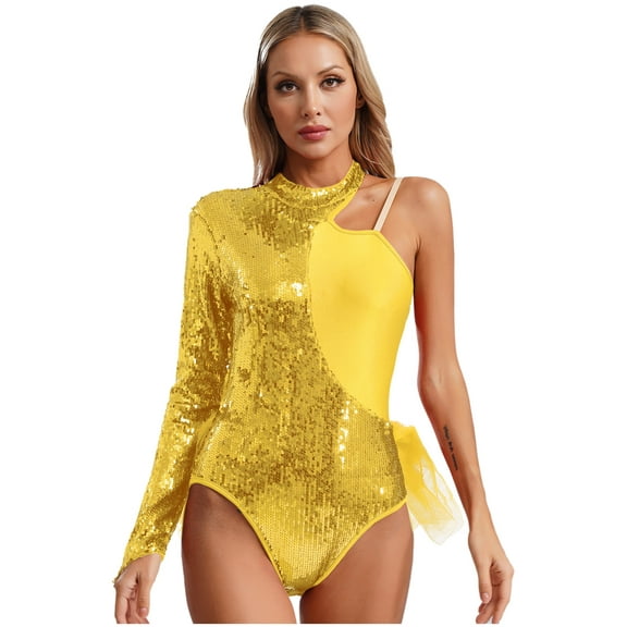 TSSOE Women Asymmetrical Latin Dance Leotard Sequins Long Sleeve Gymnastics Bodysuit Unitard Jazz Dance Tops Yellow S